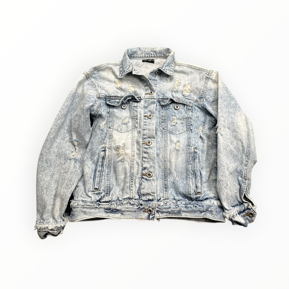 Blue Age Denim Jacket Womens M‎ Blue Acid Wash Floral Distressed Frayed Hem Jean